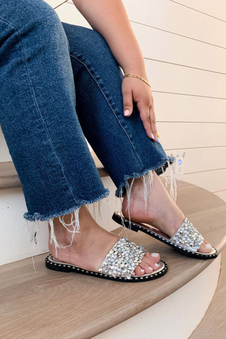 Silver Embellished Sparkly Flat Slider Sandals