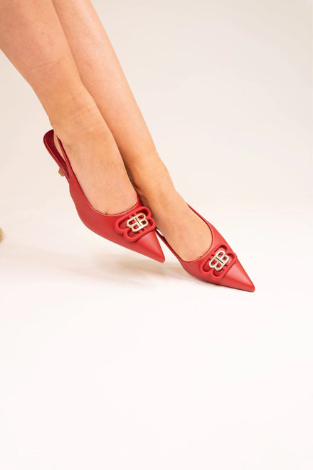 RED SLING BACK POINTED METAL DETAILED LOW HEEL MULES