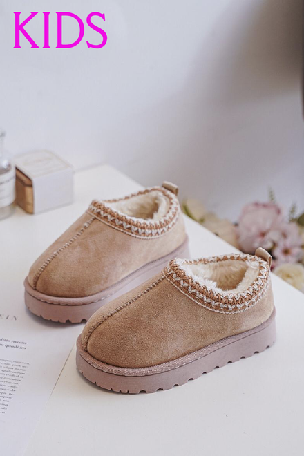 KIDS EMBROIDERY DETAIL FAUX FUR LINING LOW PLATFORM SLIPPERS IN DARK BEIGE 25-30 SIZES