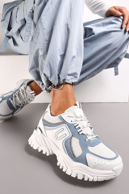 WHITE LACE UP CHUNKY FLAT TRAINERS WITH GOLD HEEL CLIP SIDE DETAIL