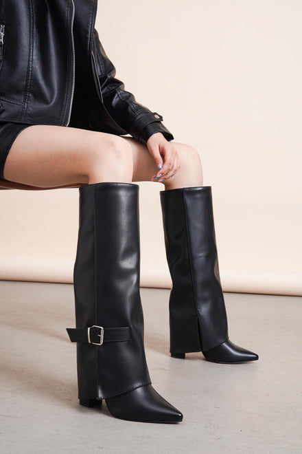 BLACK PU FOLDED OVER BLOCK HEEL BUCKLE DETAIL KNEE HIGH BOOTS