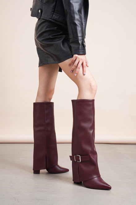 WINE PU FOLDED OVER BLOCK HEEL BUCKLE DETAIL KNEE HIGH BOOTS