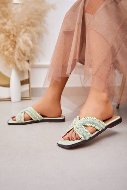 GREEN PEARL DETAIL FLAT SLIP ON SLIDER SUMMER SANDALS