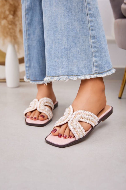 PINK PEARL DETAIL FLAT SLIP ON SLIDER SUMMER SANDALS