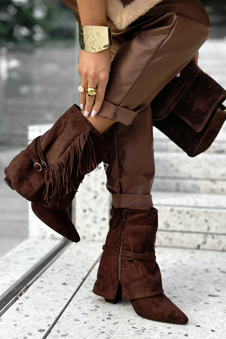 BROWN FAUX SUEDE FRINGE DETAIL BLOCK HEELED ANKLE BOOTS