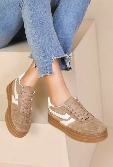 KHAKI PLATFORM FAUX SUEDE LACE UP GUM SOLE TRAINERS