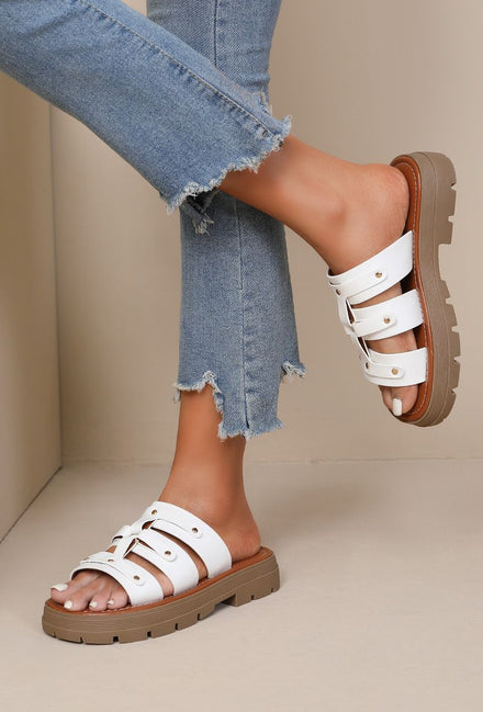 WHITE THICK SOLE STUDDED GLADIATOR SLIP ON PLATFORM SANDALS