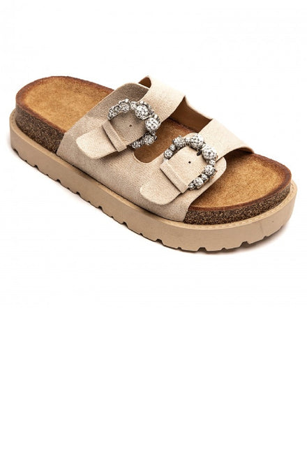 BEIGE DOUBLE STRAP ANTIQUE DIAMANTE BUCKLE PLATFORM SLIDER SANDALS
