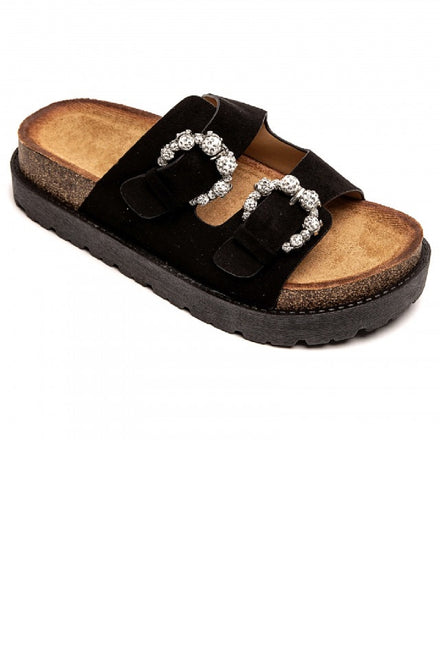 BLACK DOUBLE STRAP ANTIQUE DIAMANTE BUCKLE PLATFORM SLIDER SANDALS