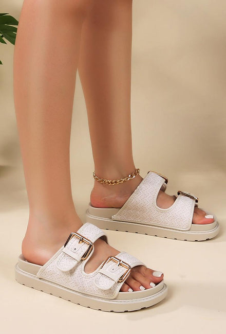 BEIGE PRINTED DOUBLE STRAP METAL BUCKLED SLIDER SANDALS