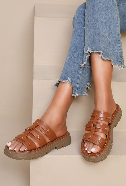 CAMEL THICK SOLE STUDDED GLADIATOR SLIP ON PLATFORM SANDALS