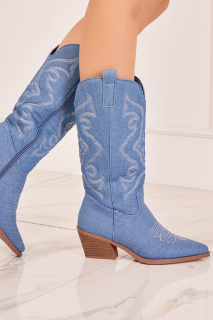 JENAS BLUE BLOCK HEEL EMBROIDERED WESTERN COWBOY KNEE HIGH BOOTS