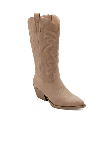 KHAKI BLOCK HEEL EMBROIDERED WESTERN COWBOY KNEE HIGH BOOTS