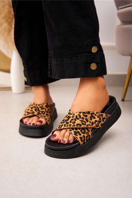 LEOPARD CROSS STRAP SLIDERS FLAT SUMMER SANDALS