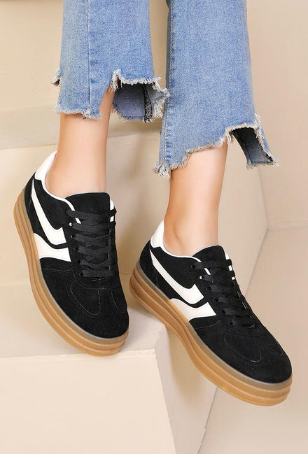 BLACK PLATFORM FAUX SUEDE LACE UP GUM SOLE TRAINERS