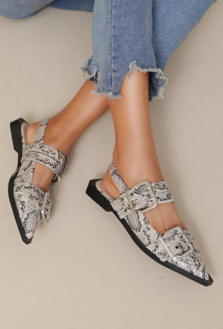 MARY JANE BUCKLE DETAILED POINTED SLINGBACK BALLERINAS SANDALS IN SNAKE PRINT