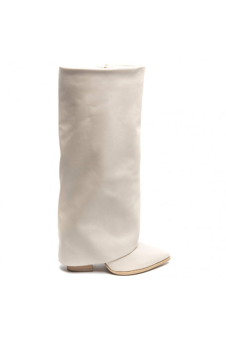 BEIGE FOLD OVER MID BLOCK HEEL KNEE HIGH WESTERN COWBOY BOOTS