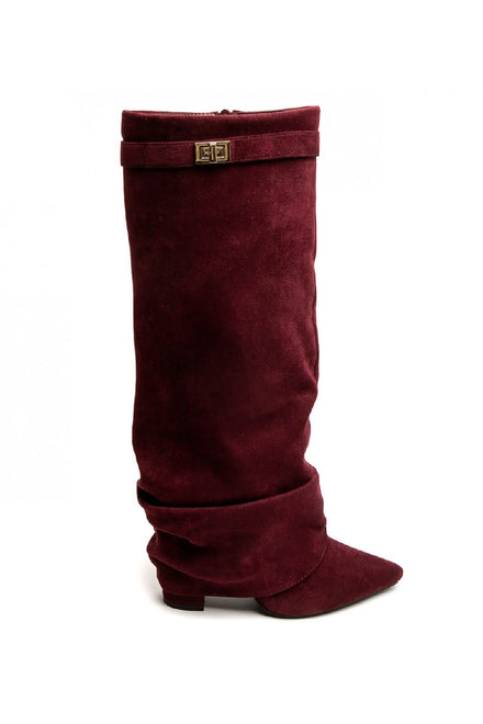 WINE SIDE LONG ZIP AND GOLD METAL DETAILED KNEE HIGH WESTERN COWBOY BOOTS