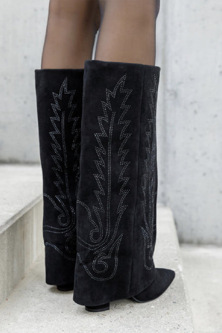 WOMEN'S FOLDED OVER BLOCK HEEL EMBROIDERY DETAIL KNEE HIGH COWBOY BOOTS IN BLACK SUEDE