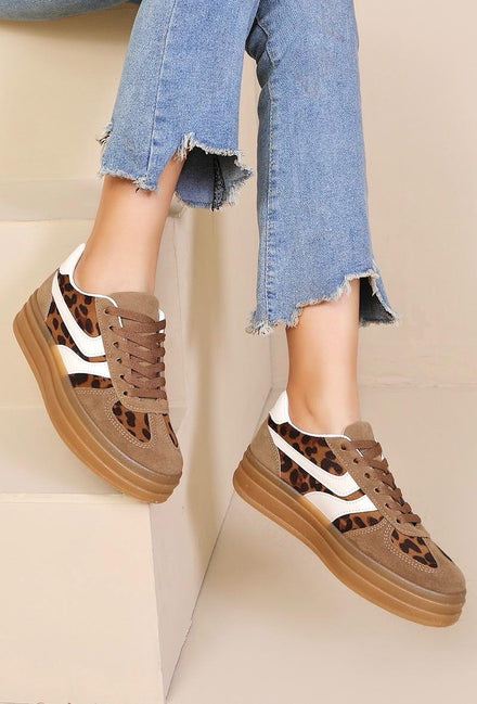 LEOPARD PLATFORM FAUX SUEDE LACE UP GUM SOLE TRAINERS