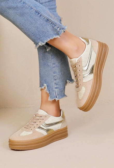 BEIGE PLATFORM FAUX SUEDE LACE UP GUM SOLE TRAINERS