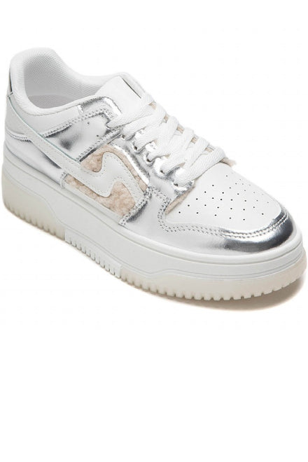 SILVER METALLIC LACE UP FAUX FUR DETAIL FASHION TRAINERS
