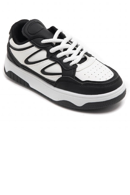 BLACK WHITE LACE UP FLAT CHUNKY FASHION SNEAKERS TRAINERS