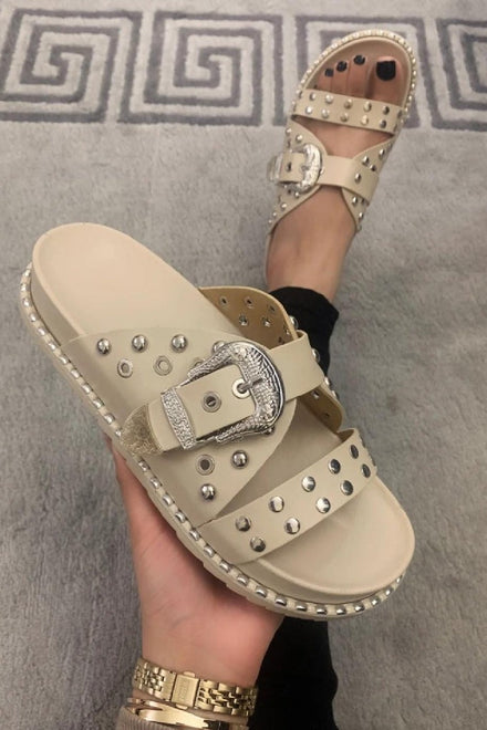 BEIGE STUDS AND BUCKLE DETAIL SUMMER SLIDERS SANDALS