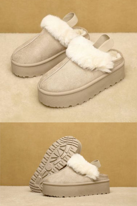 BEIGE PLATFORM FAUX FUR LINED COSY WINTER SLING BACK SLIPPERS