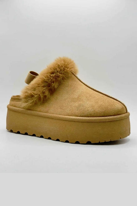 CAMEL PLATFORM FAUX FUR LINED COSY WINTER SLING BACK SLIPPERS