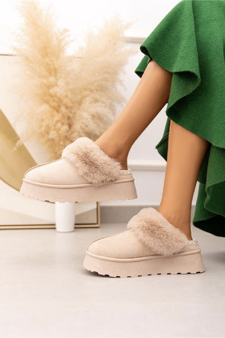 BEIGE FAUX FUR LINED PLATFORM ANKLE SLIPPERS FLUFFY SLIDE MULES