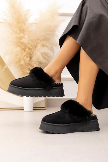 BLACK FAUX FUR LINED PLATFORM ANKLE SLIPPERS FLUFFY SLIDE MULES