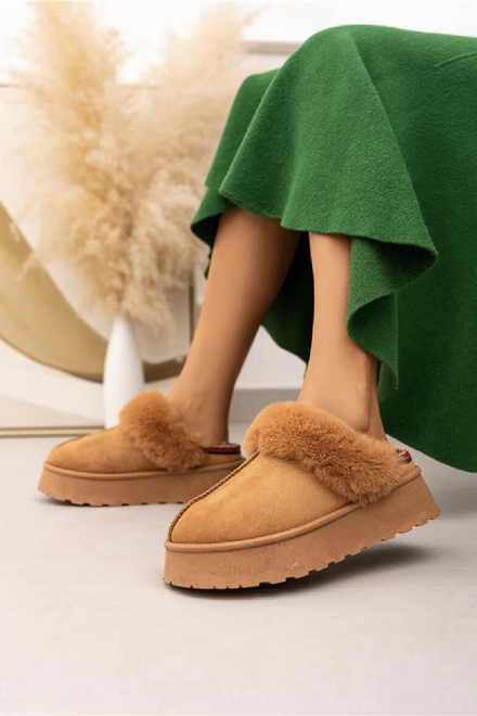 CAMEL FAUX FUR LINED PLATFORM ANKLE SLIPPERS FLUFFY SLIDE MULES