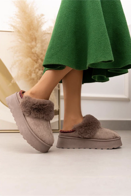 TAUPE FAUX FUR LINED PLATFORM ANKLE SLIPPERS FLUFFY SLIDE MULES