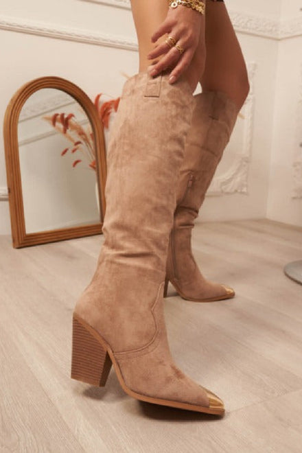 KHAKI SUEDE KNEE HIGH WESTERN METAL POINTED HEEL COWBOY BOOTS