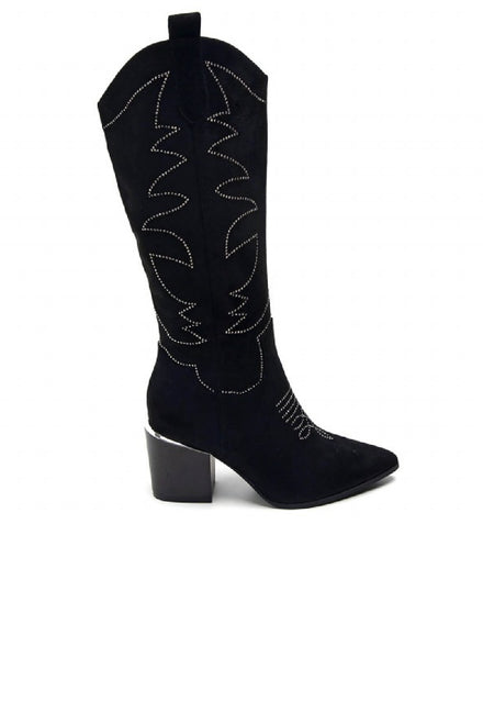 BLACK EMBROIDED WESTERN KNEE CALF HIGH COWBOY BOOTS
