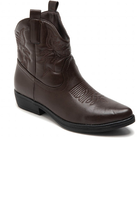 BROWN COWBOY BOOTS EMBROIDED FLAT WESTERN ANKLE BOOTS
