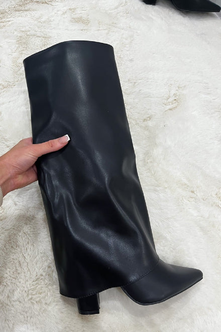 BLACK FOLD OVER BLOCK HEEL KNEE HIGH SHARK BOOTS