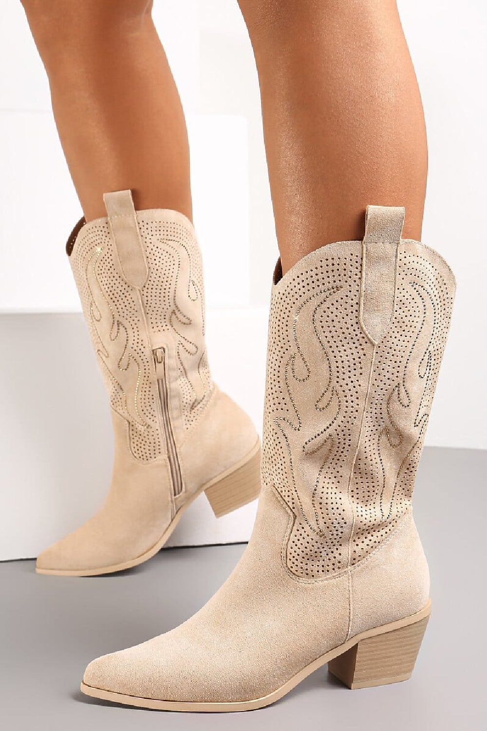 BEIGE EMBROIDED CALF HIGH WESTERN COWBOY BOOTS