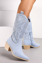 BLUE EMBROIDED CALF HIGH WESTERN COWBOY BOOTS