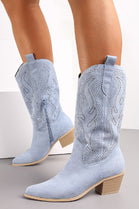 BLUE EMBROIDED CALF HIGH WESTERN COWBOY BOOTS