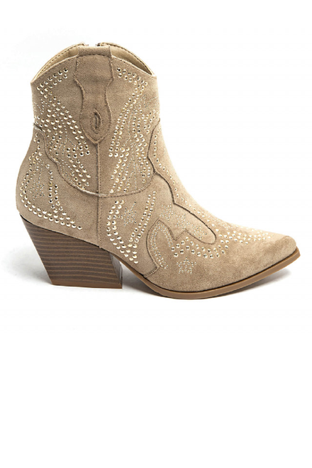 KHAKI EMBELLISHED ANKLE LENGTH WESTERN COWBOY BOOTS