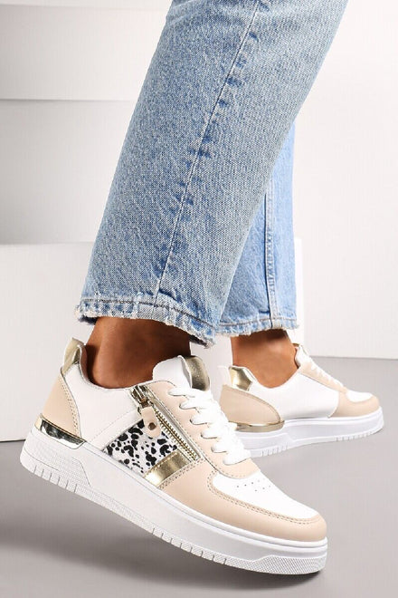 BEIGE WHITE LACE UP ZIP DETAIL FLAT SNEAKERS TRAINERS