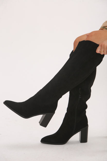 Knee High Black Suede Cowboy Block Heel Boot