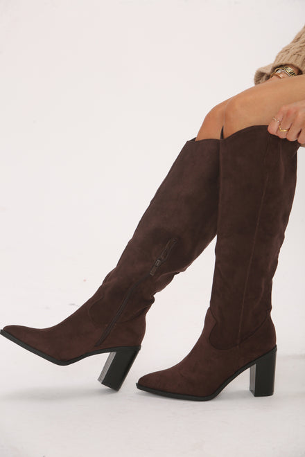 Knee High Brown Suede Cowboy Block Heel Boot
