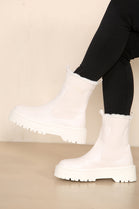 CREAM PU FAUX FUR TRIM ELASTICATED ANKLE DETAIL CHUNKY ANKLE BOOTS
