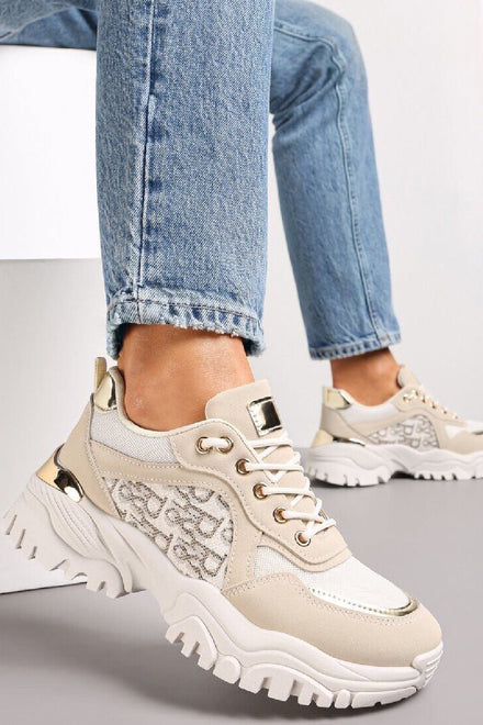 BEIGE LACE UP GOLD HEEL CLIP CHUNKY TRAINERS