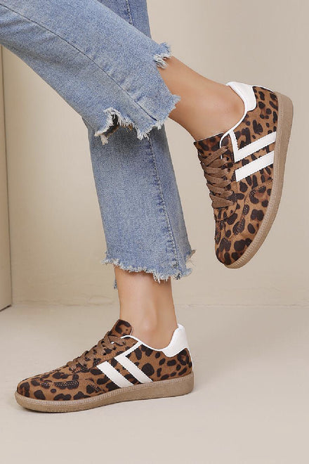 LEOPARD PRINT FLAT LACE UP SNEAKERS TRAINERS