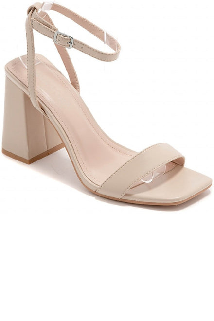 BEIGE BLOCK HEELED STRAPPY PARTY SANDALS
