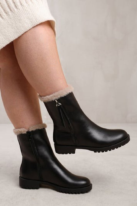 Black PU Fur Collar Ankle Boots (PACK B)
